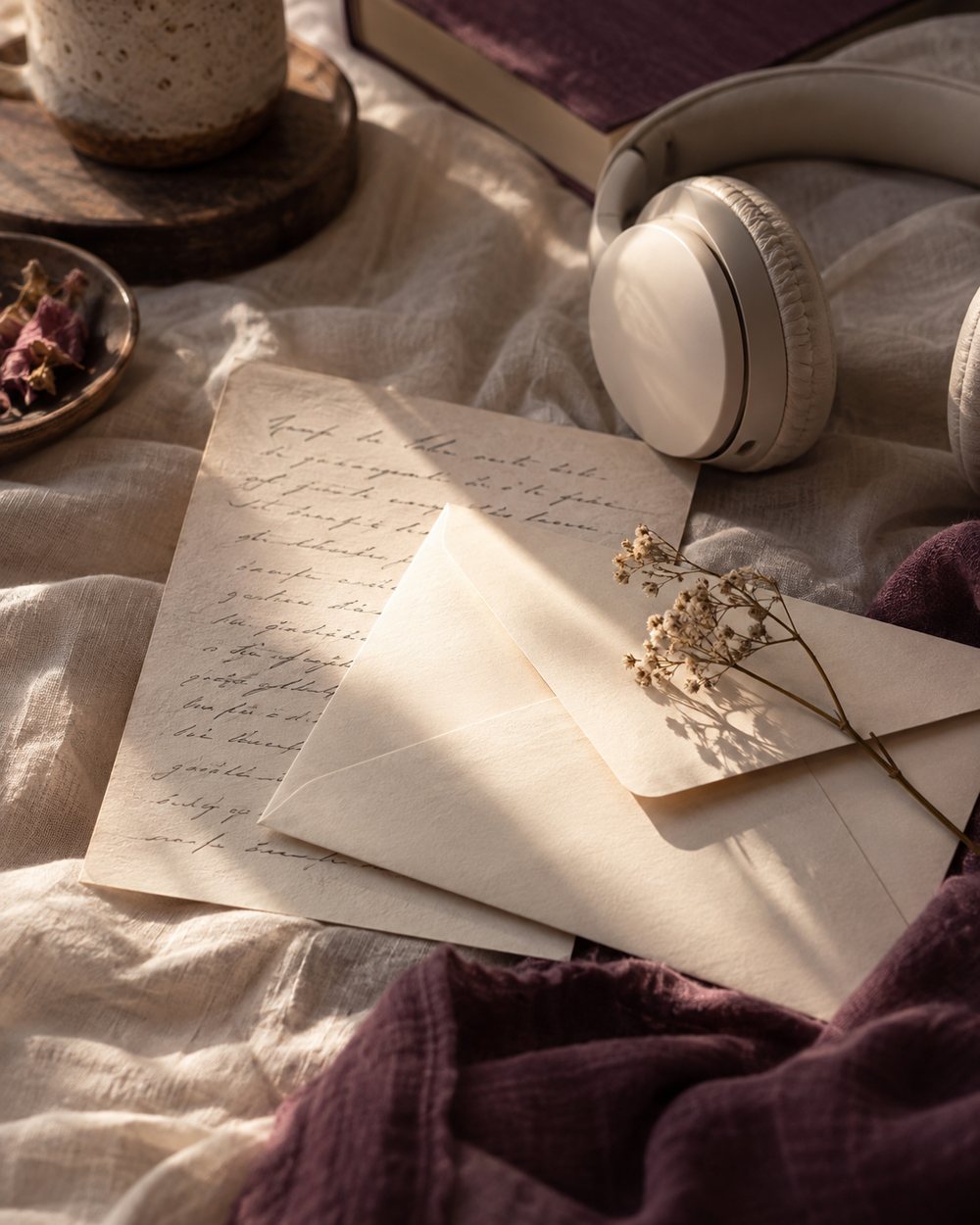 Un casque audio près d'une lettre et d'une enveloppe, pour un cadeau qui se raconte et s'écoute